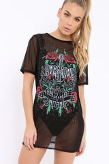 Black Mesh 'Rock & Roll Star' Graphic T-Shirt Dress - Margot-Dresses