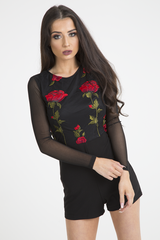 Black Mesh Rose Embroidered Playsuit - Mia-Playsuits
