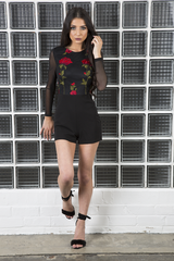 Black Mesh Rose Embroidered Playsuit - Mia-Playsuits