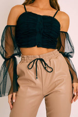 Black Mesh Ruched Button Front Crop Top - Tula-Crop Tops
