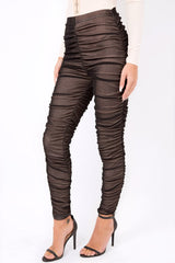 Black Mesh Ruched Leggings - Jaylene-Trousers