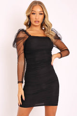 Black Mesh Ruched Long Sleeve Bodycon Dress - Edeline-Dresses