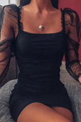 Black Mesh Ruched Long Sleeve Bodycon Dress - Edeline-Dresses