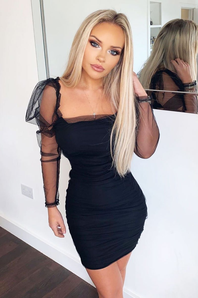 Black Mesh Ruched Long Sleeve Bodycon Dress - Edeline Rebellious Fashion Black Mesh Ruched Long Sleeve Bodycon Dress - Edeline Rebellious Fashion