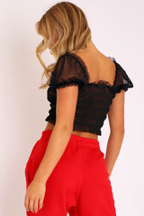 Black Mesh Ruched Puff Sleeve Crop Top - Evy-Crop Tops