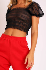 Black Mesh Ruched Puff Sleeve Crop Top - Evy-Crop Tops