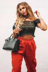 Black Mesh Ruched Puff Sleeve Crop Top - Evy-Crop Tops
