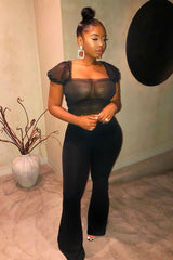 Black Mesh Ruched Puff Sleeve Crop Top - Evy-Crop Tops