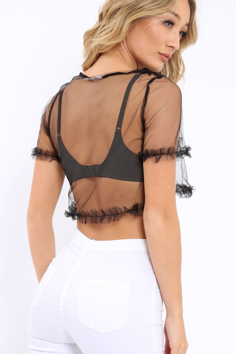 Black Mesh Ruffle Crop Top - Cleo-Tops