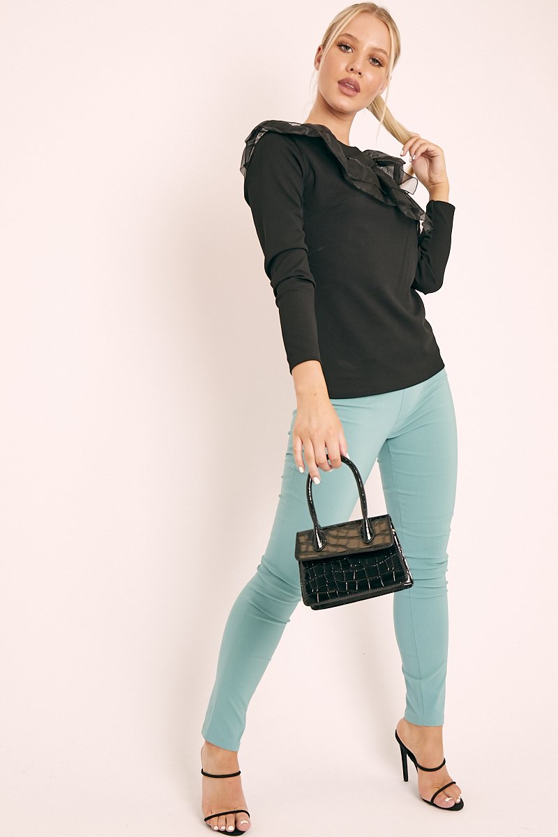 Black Mesh Ruffle Front Long Sleeve Top - Kristen-Tops