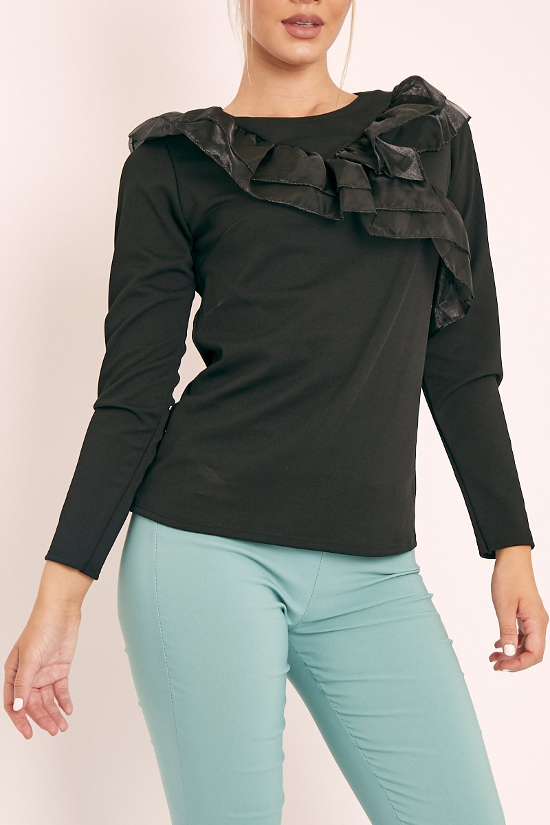 Black Mesh Ruffle Front Long Sleeve Top - Kristen-Tops