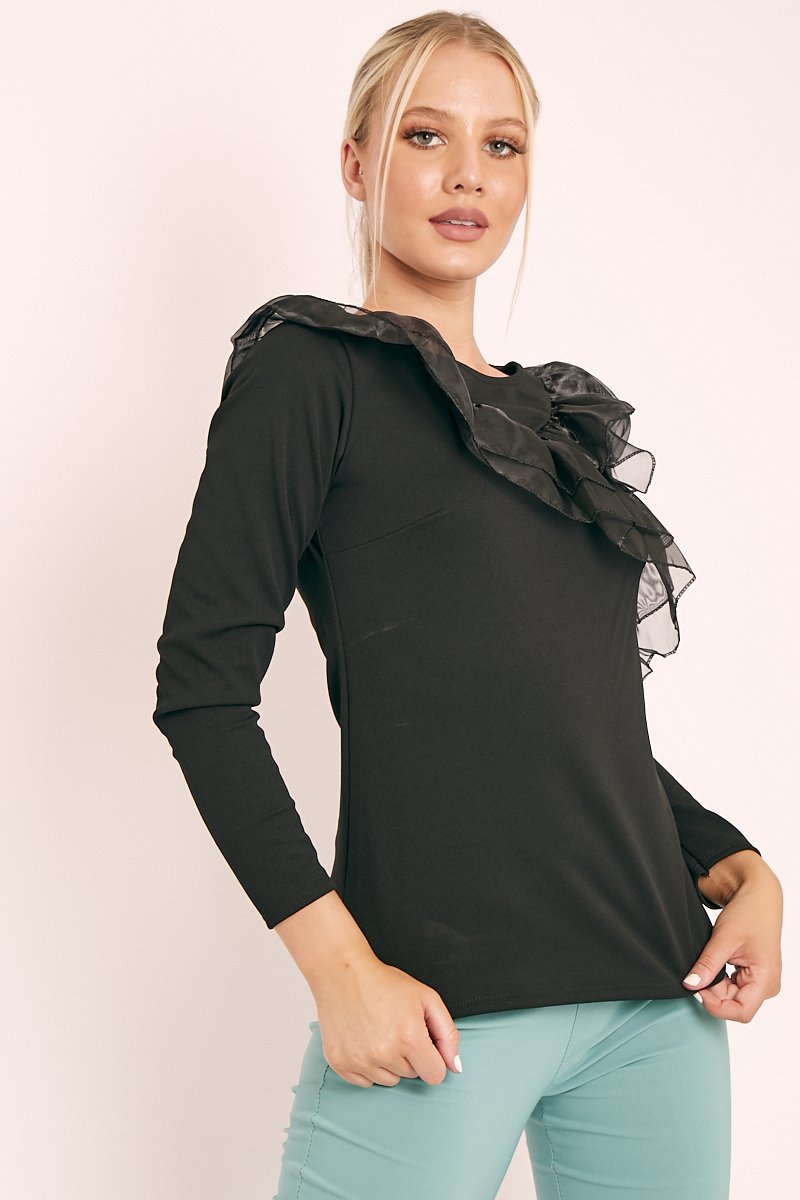 Black Mesh Ruffle Front Long Sleeve Top - Kristen-Tops