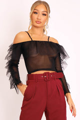 Black Mesh Ruffle Sleeve Bardot Crop Top - Amber-Crop Tops