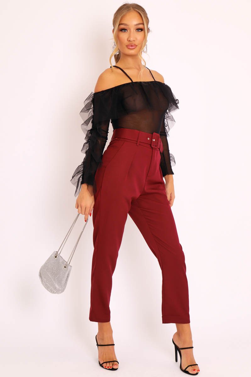 Black Mesh Ruffle Sleeve Bardot Crop Top - Amber-Crop Tops