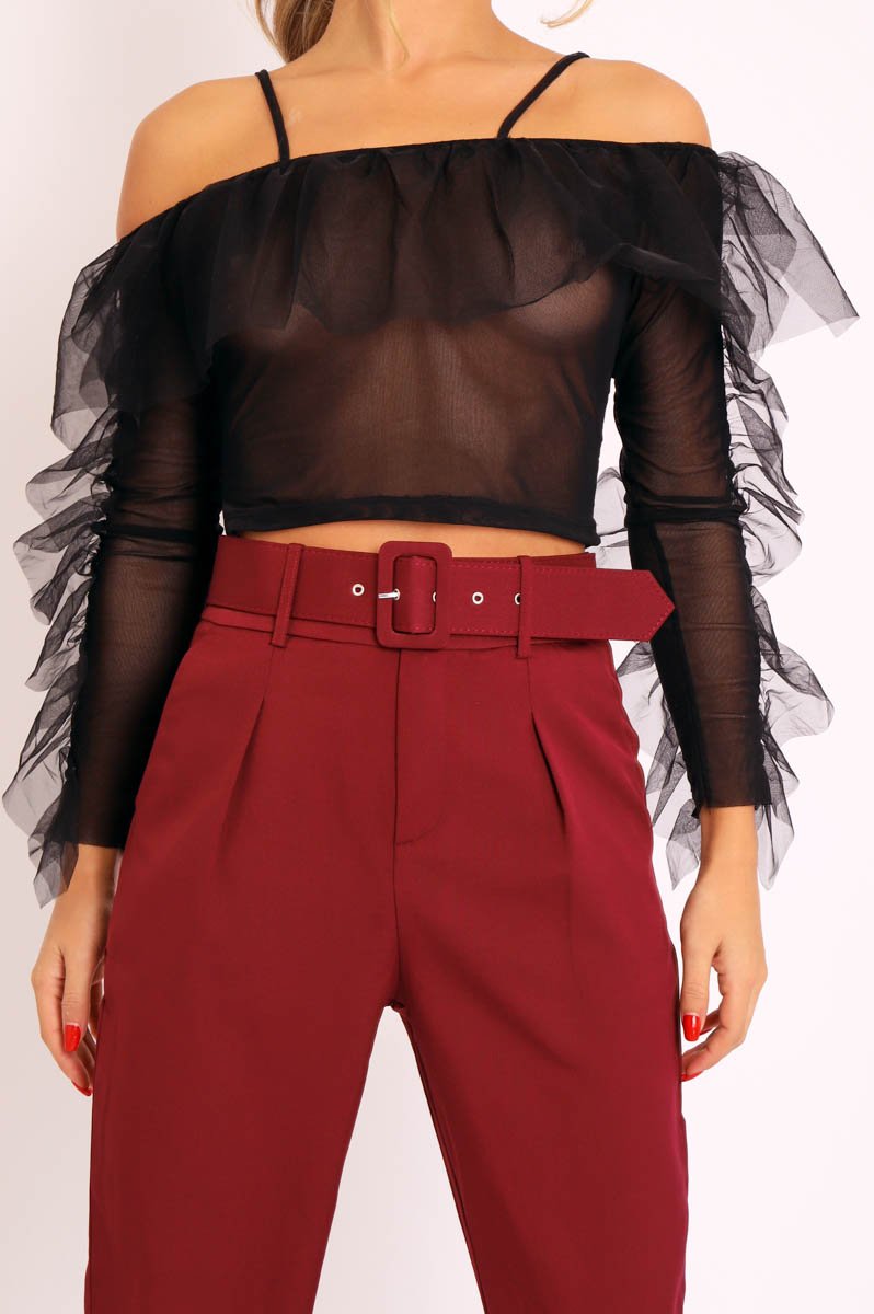 Black Mesh Ruffle Sleeve Bardot Crop Top - Amber-Crop Tops