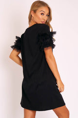 Black Mesh Ruffle Sleeve T-shirt Dress - Stefi-Dresses