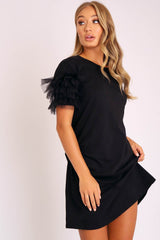 Black Mesh Ruffle Sleeve T-shirt Dress - Stefi-Dresses