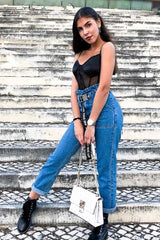 Black Mesh Satin Cup Stripe Detail Bodysuit - Valencia-Bodysuits