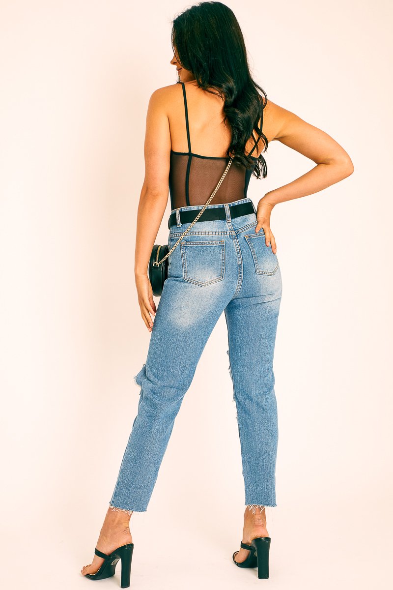 Black Mesh Seam Detail Bodysuit - Naara-Bodysuits