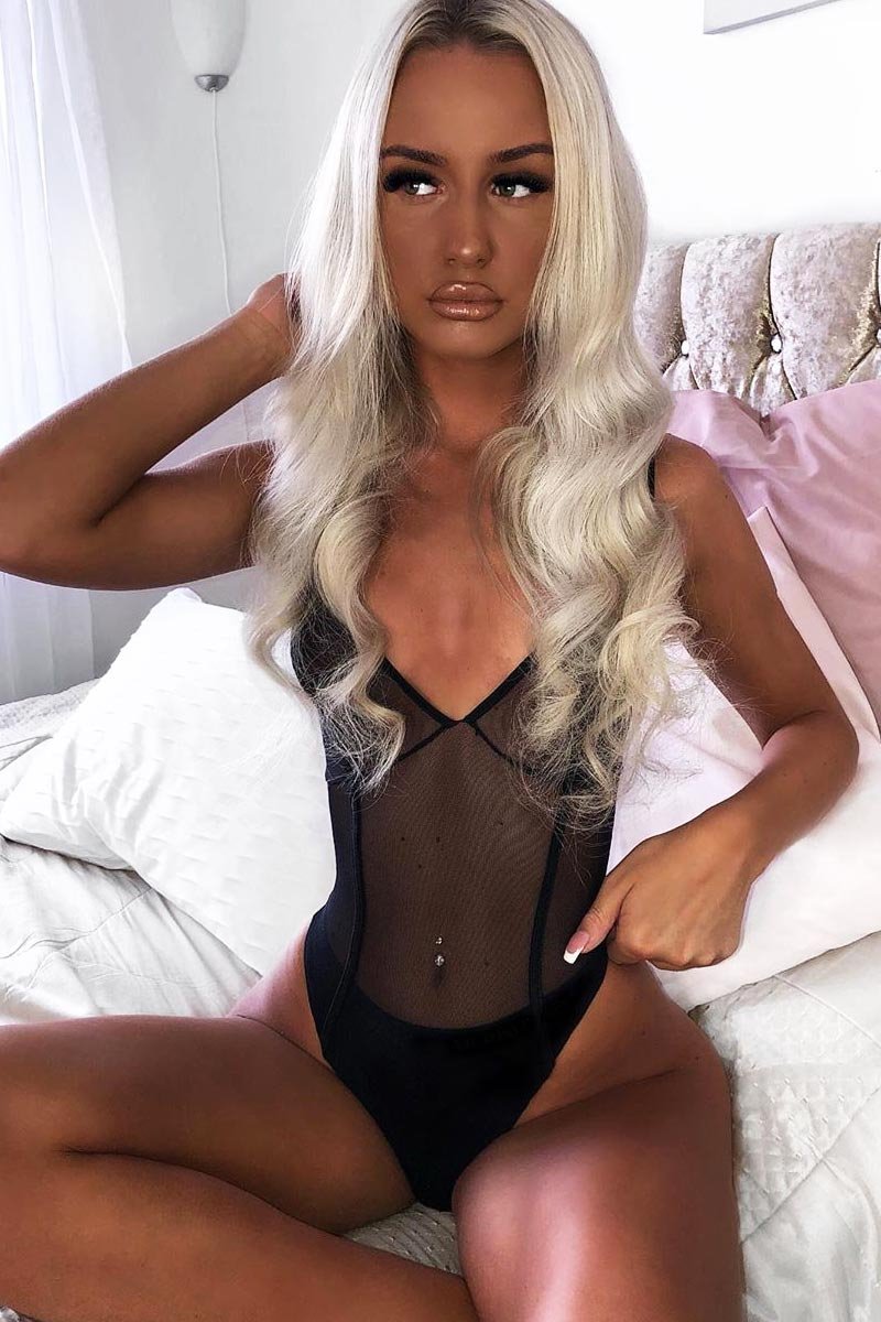 Black Mesh Seam Detail Bodysuit - Naara-Bodysuits