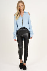 Black Mesh Sides Wet look Leggings - Alana-Dresses