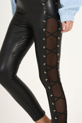 Black Mesh Sides Wet look Leggings - Alana-Dresses