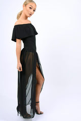 Black Mesh Skirt With bardot Bodysuit - Stassie-Bodysuits