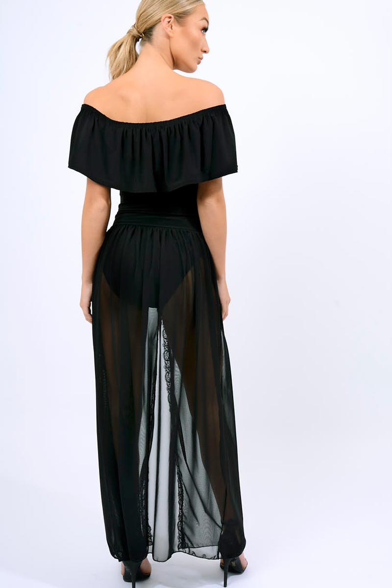 Black Mesh Skirt With bardot Bodysuit - Stassie-Bodysuits