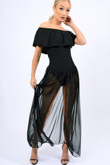 Black Mesh Skirt With bardot Bodysuit - Stassie-Bodysuits