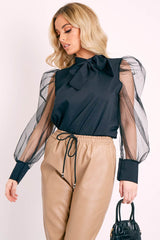 Black Mesh Sleeve Bow Neck Blouse - Adelin-Tops