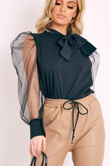 Black Mesh Sleeve Bow Neck Blouse - Adelin-Tops
