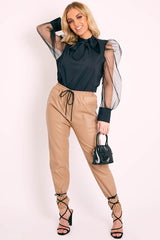 Black Mesh Sleeve Bow Neck Blouse - Adelin-Tops