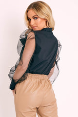 Black Mesh Sleeve Bow Neck Blouse - Adelin-Tops