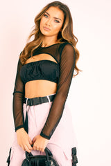 Black Mesh Sleeve Cut Out Tie Back Crop Top - Layna-Crop Tops