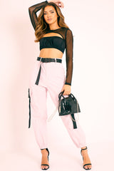 Black Mesh Sleeve Cut Out Tie Back Crop Top - Layna-Crop Tops