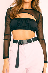 Black Mesh Sleeve Cut Out Tie Back Crop Top - Layna-Crop Tops