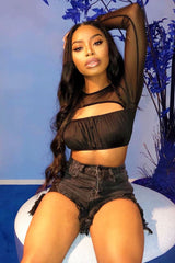 Black Mesh Sleeve Cut Out Tie Back Crop Top - Layna-Crop Tops