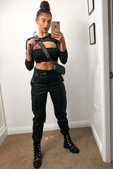 Black Mesh Sleeve Cut Out Tie Back Crop Top - Layna-Crop Tops