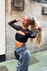 Black Mesh Sleeve Cut Out Tie Back Crop Top - Layna-Crop Tops