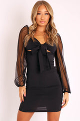 Black Mesh Sleeves Tie Detail Cut Out Front Bodycon Dress - Graclynn-Dresses