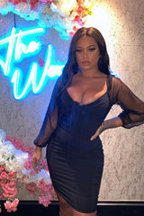 Black Mesh Sleeves Tie Detail Cut Out Front Bodycon Dress - Graclynn-Dresses