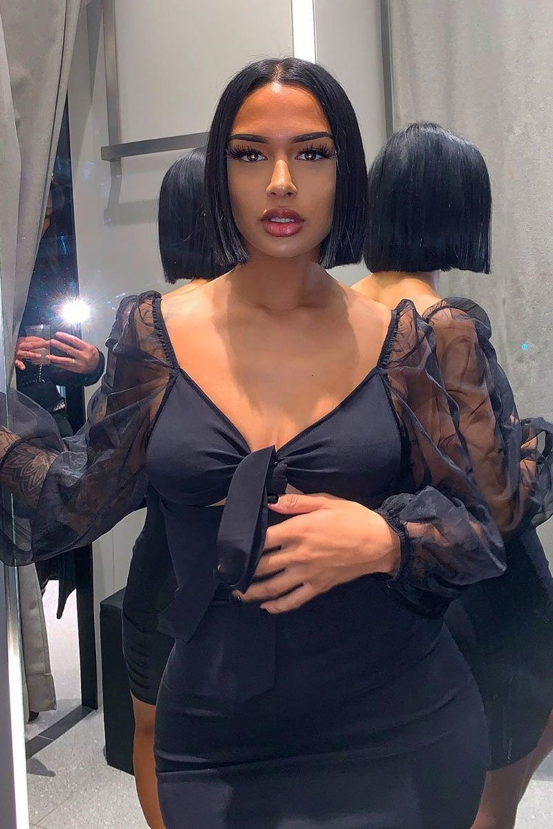 Black Mesh Sleeves Tie Detail Cut Out Front Bodycon Dress - Graclynn-Dresses