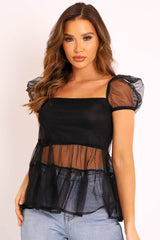 Black Mesh Smock Overlay Top - Alivia-Tops