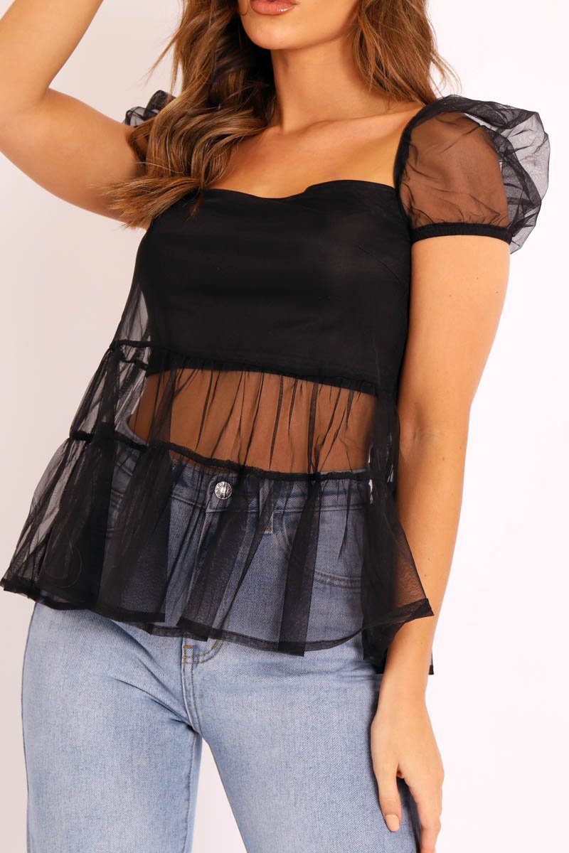Black Mesh Smock Overlay Top - Alivia-Tops