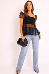 Black Mesh Smock Overlay Top - Alivia-Tops