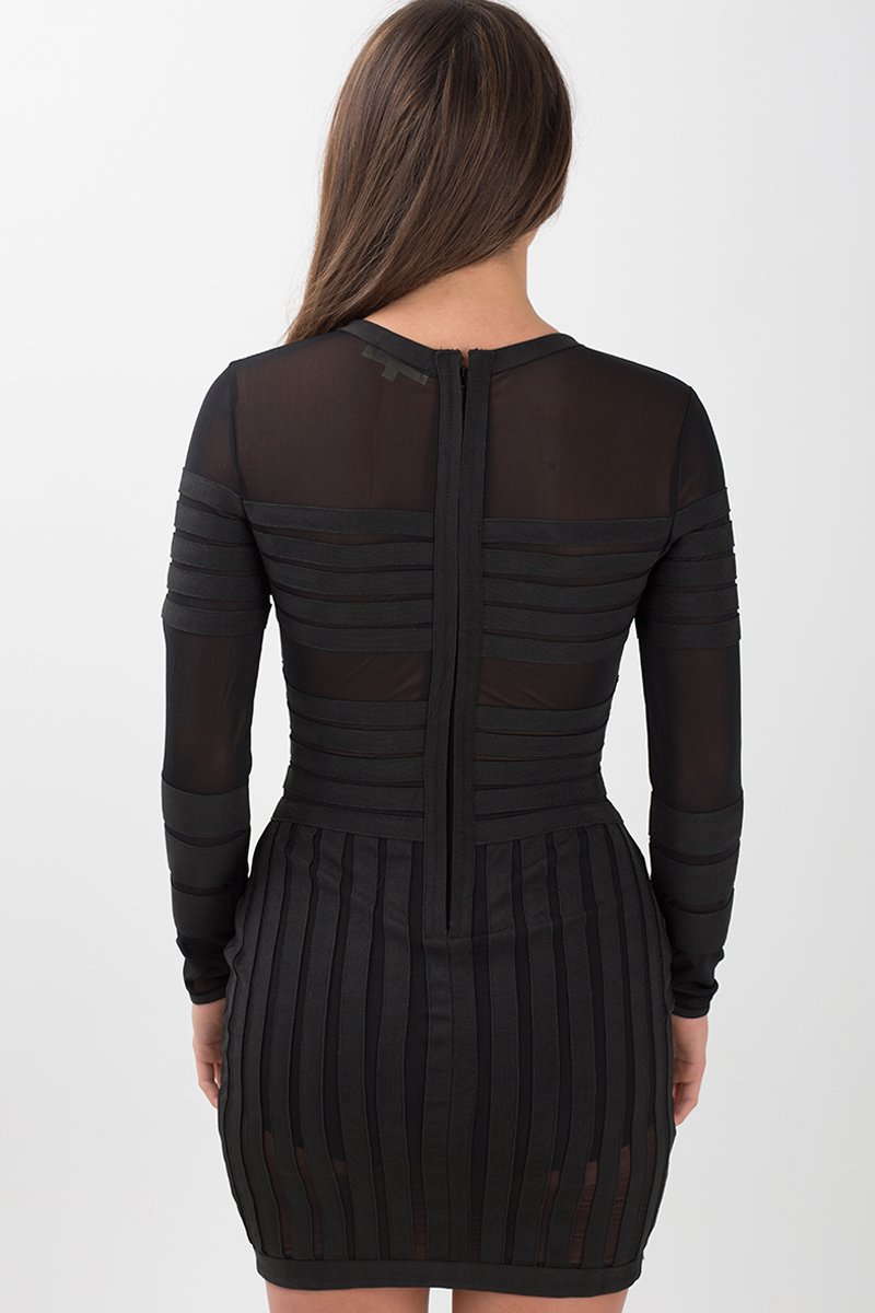 Black Mesh Striped Panel Bodycon Bandage Dress - Kendall-Dresses