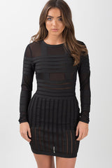 Black Mesh Striped Panel Bodycon Bandage Dress - Kendall-Dresses