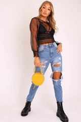 Black Mesh Swiss Dot Ruched Hem Top - Jozi-Tops