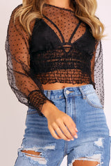 Black Mesh Swiss Dot Ruched Hem Top - Jozi-Tops