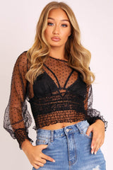 Black Mesh Swiss Dot Ruched Hem Top - Jozi-Tops